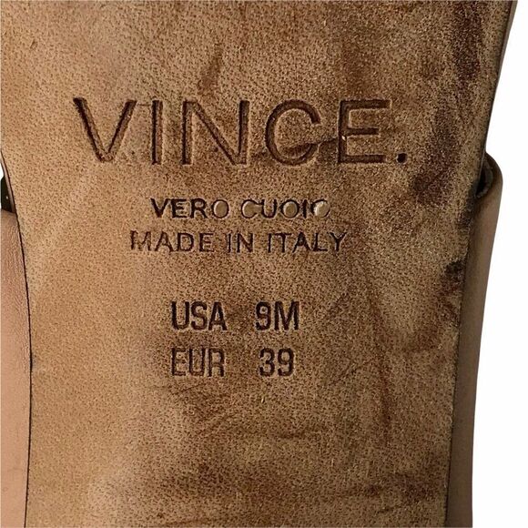 Vince Crisscross Strap Leather and Wood Heeled Sandals 9 Neutral Peep Toe Chunk - Picture 9 of 9